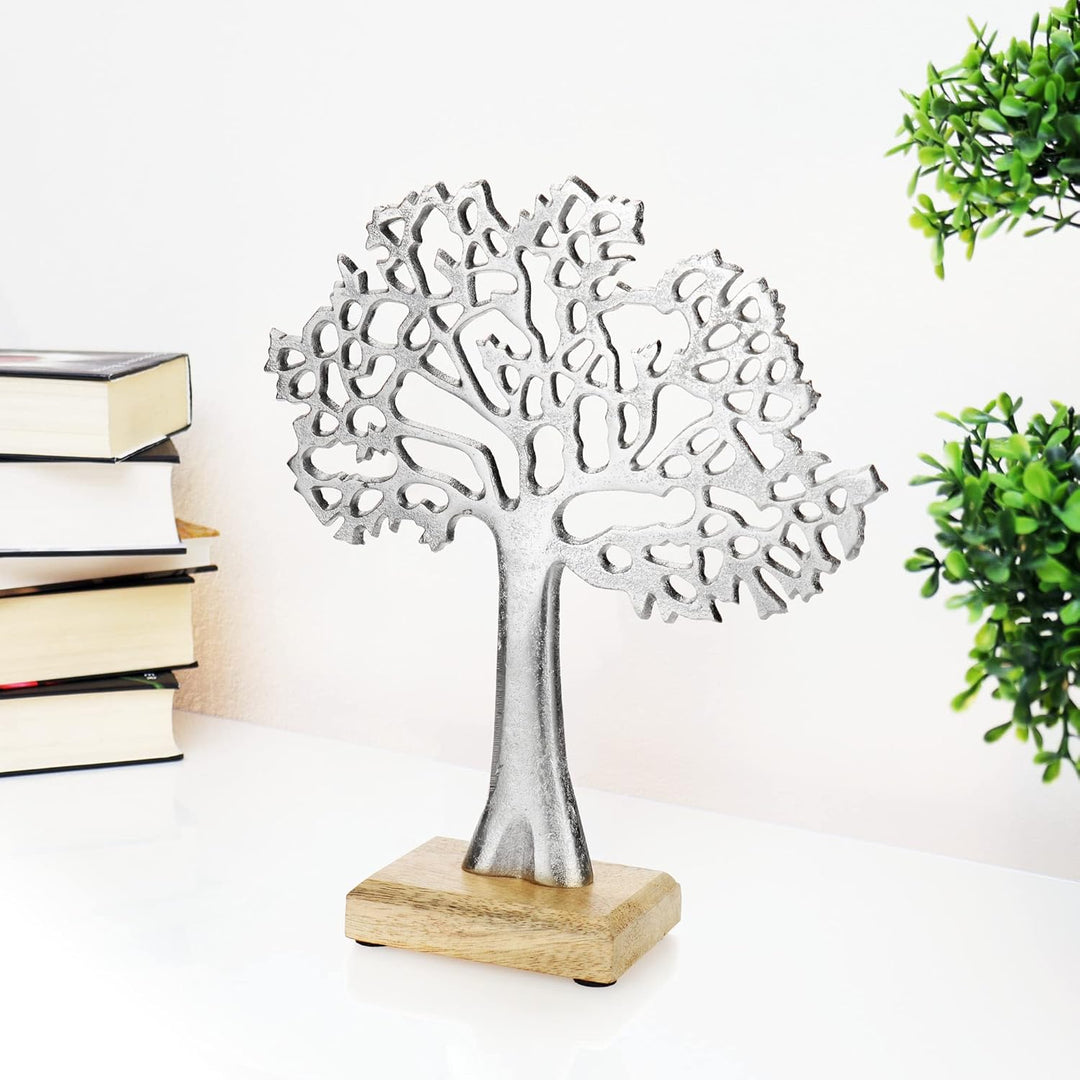 com-four® Deko-Aufsteller Baum - Metall-Baum auf Holzsockel - Deko-Baum aus Metall zum Hinstellen -