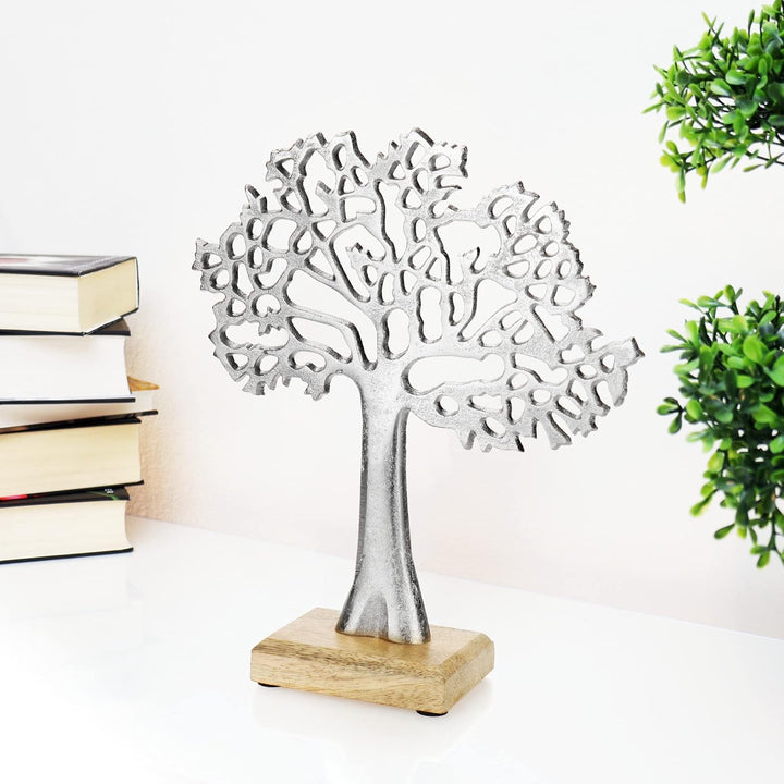 com-four® Deko-Aufsteller Baum - Metall-Baum auf Holzsockel - Deko-Baum aus Metall zum Hinstellen -