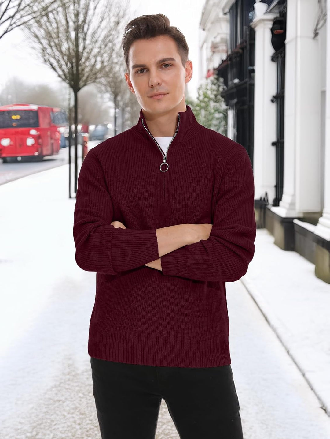 Hisir Pullover Herren Strickpullover 1/4 Zip Pulli Männer, Bequem Weich Warmer Winter Pullover für M