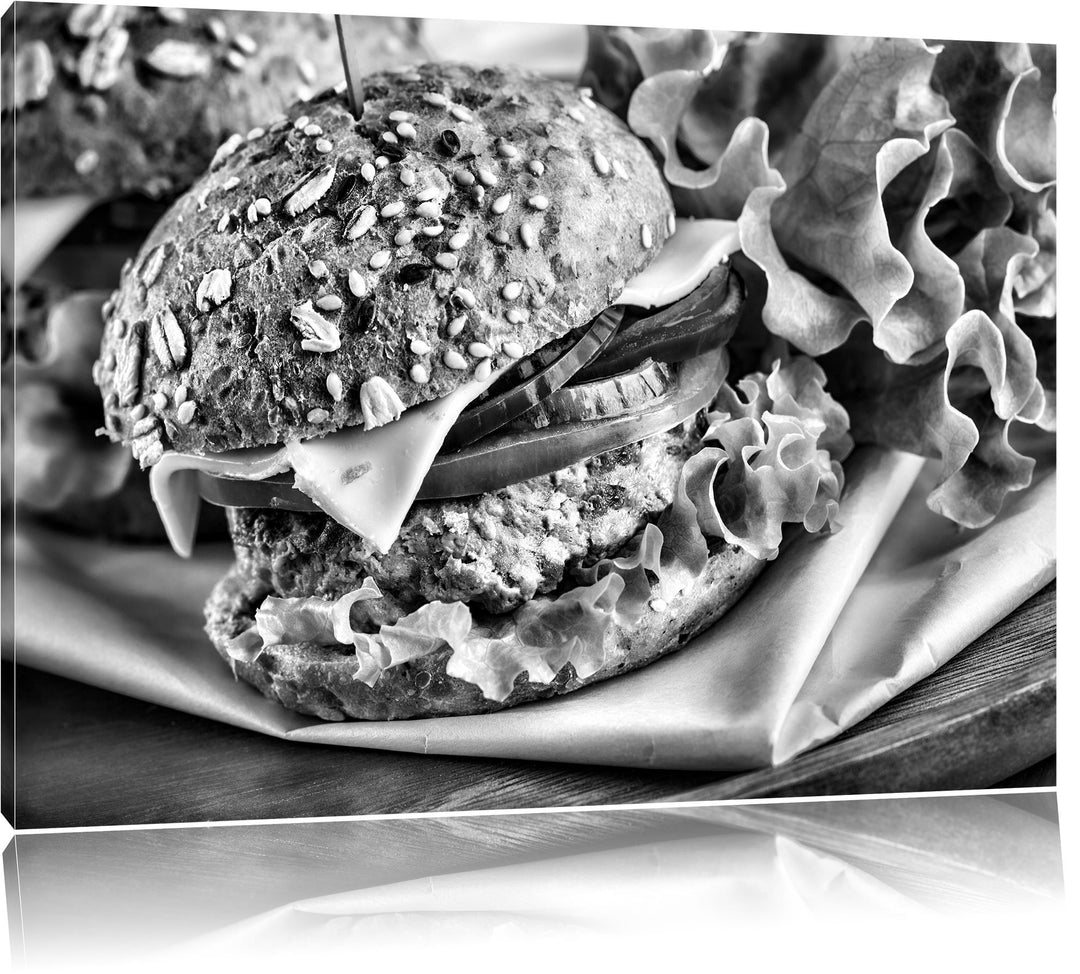 Pixxprint Monocrome, Köstlicher Hamburger als Leinwandbild/Grösse: 100x70 / Wandbild/Kunstdruck/fert