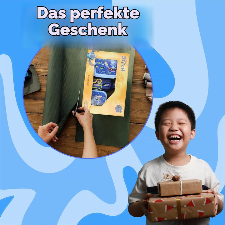 Stitch Lunchset für Kinder – 5-teilig mit Brotdose, 3 Snackboxen &amp; Trinkflasche – Blaues Set für Jun