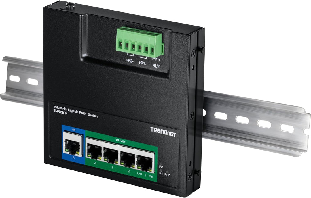 TRENDnet TI-PG50F Industrieller Gigabit-Poe+-Switch mit 5 Ports zur Wandmontage von vorne, 5X Gigabi
