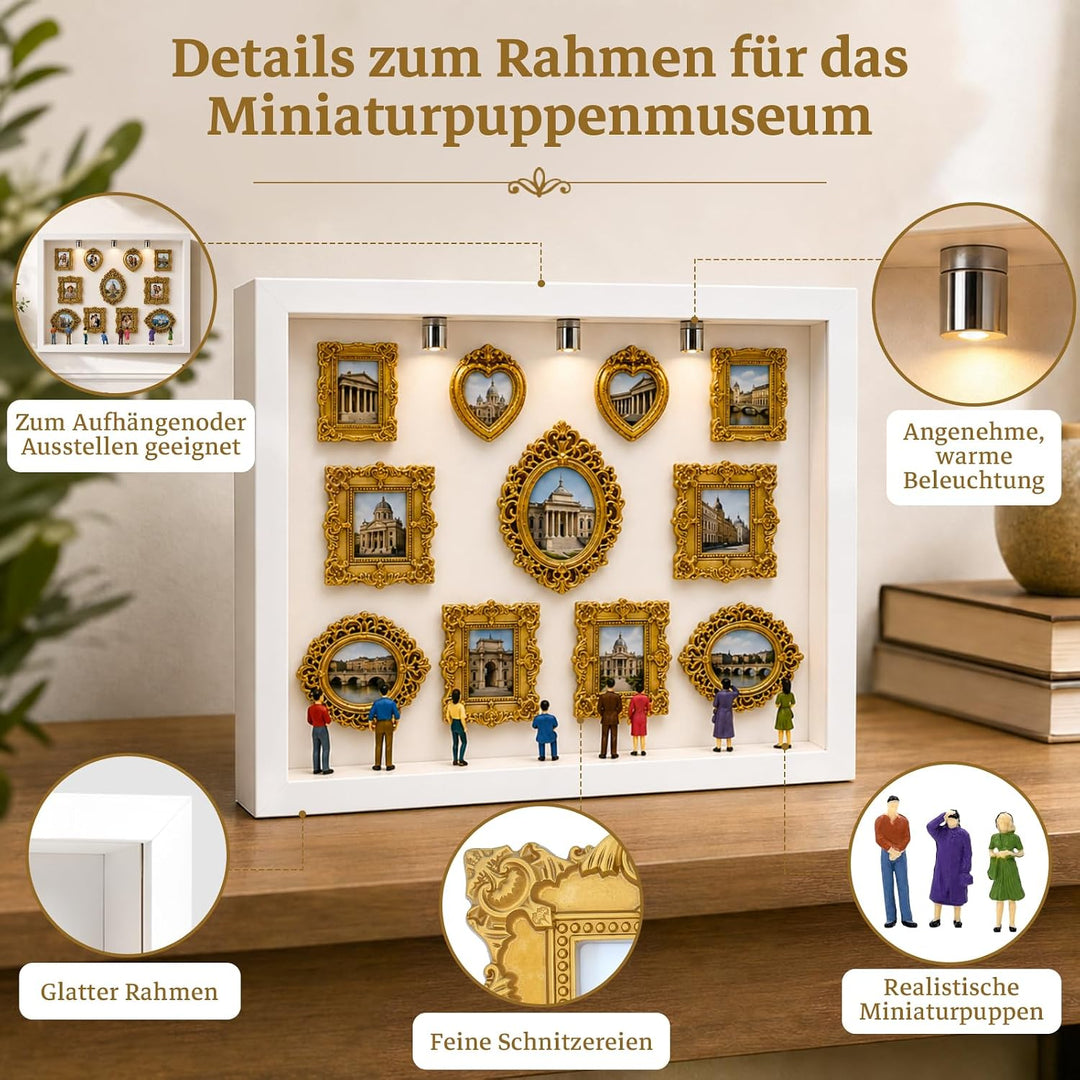 DIY Mini Museum Menschen Bilderrahmen, Mini Figuren Museum Bilderrahmen mit 11 Goldene Rahmen Vintag