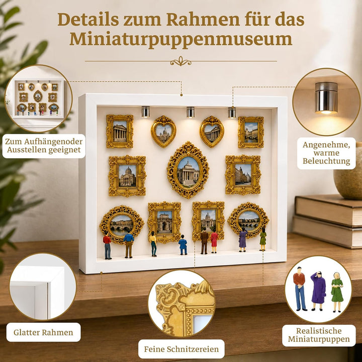 DIY Mini Museum Menschen Bilderrahmen, Mini Figuren Museum Bilderrahmen mit 11 Goldene Rahmen Vintag