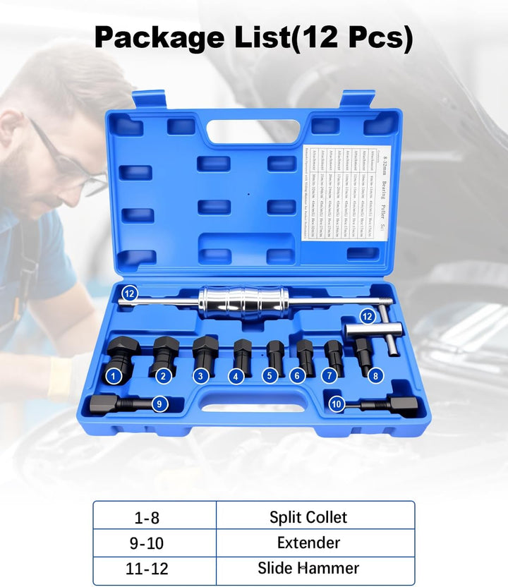 Sackloch Innenlager Abzieher Set, 12-TLG Radlager Abzieher Set mit Gleithammer & Verstellbaren Spann