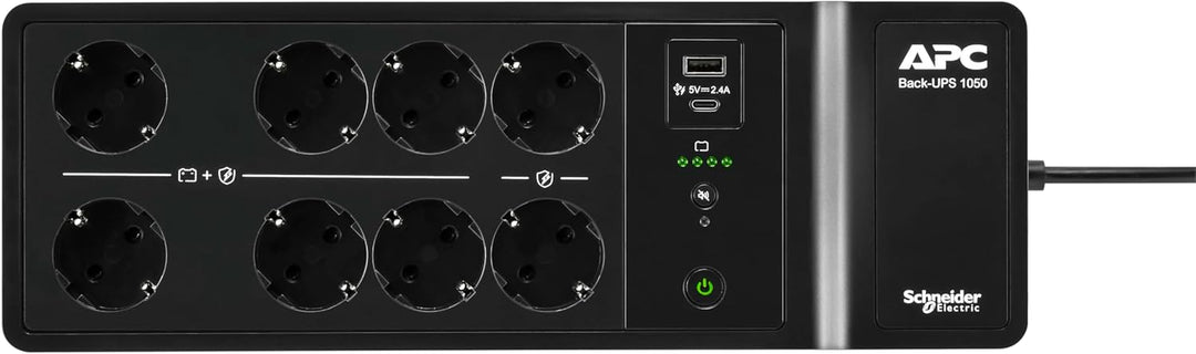 APC UPS für Zuhause, 1050VA UPS Batterie-Backup mit AVR, 8X Schuko CEE 7/3 Steckdosen, (2) USB-Ladea