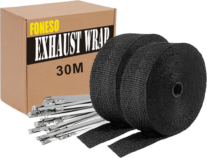 Foneso Hitzeschutzband Schwarz, 30M Hitzeschutzband Auspuff mit 24 Schwarz Edelstahl Kabelbinder, fü