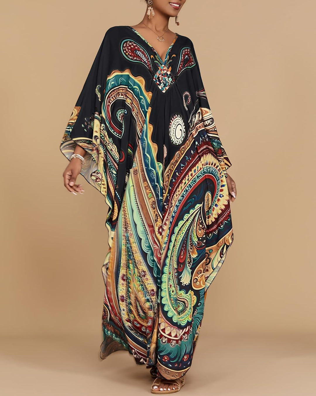 Bsubseach Damen Strandkleid Ethnic Print Kaftan Beach Maxi Kleider A-Schwarz, A-Schwarz