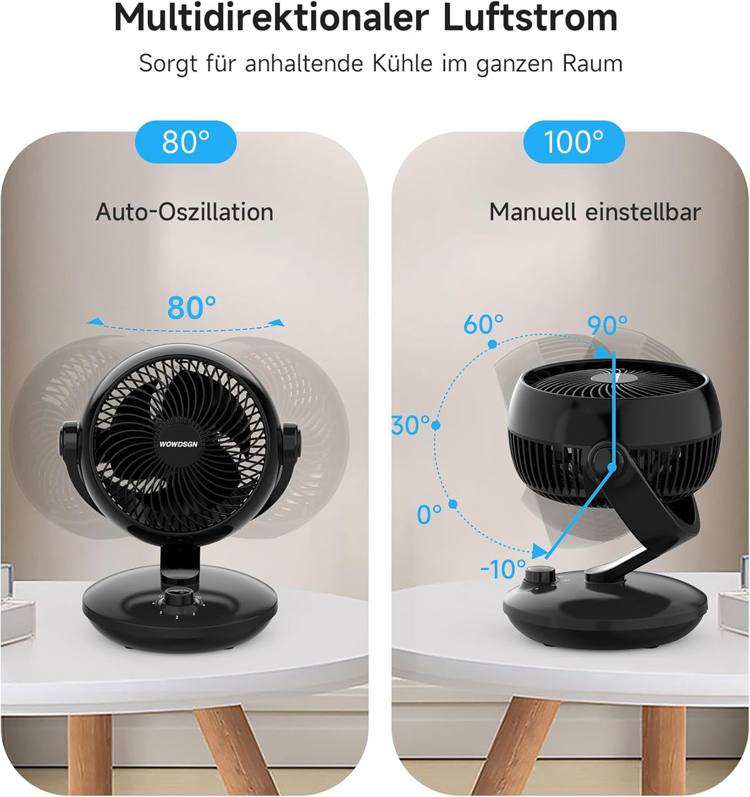 WOWDSGN Tischventilator Leise 24dB, Leistungsstarker 3D Turbo-Luftzirkulator - 100° & 80° Oszillatio