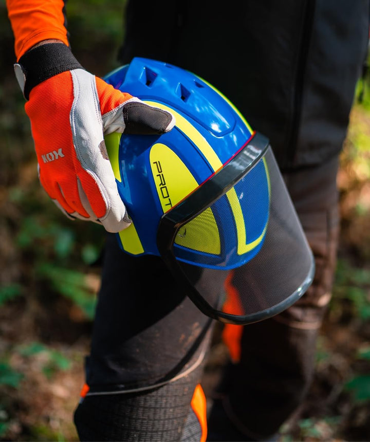 Protos sicherheitshelm integral forest gehörschutz, ausstattung:feines visier, farbe:blau/gelb feine