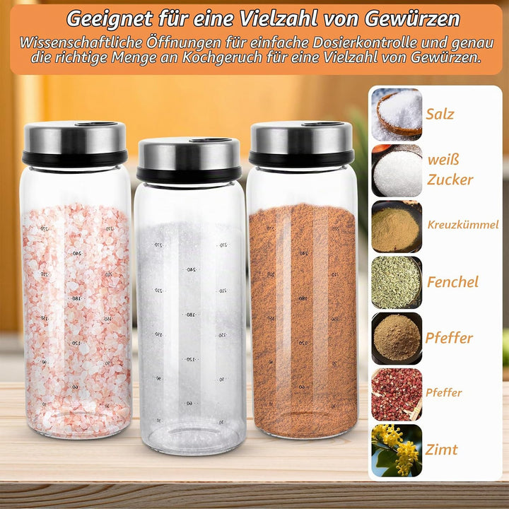4 Stück Gewürzgläser mit Drehdeckel 300ml Gewürzstreuer Glas 16.5x6 cm Luftdicht Gewürzdosen mit 4 A