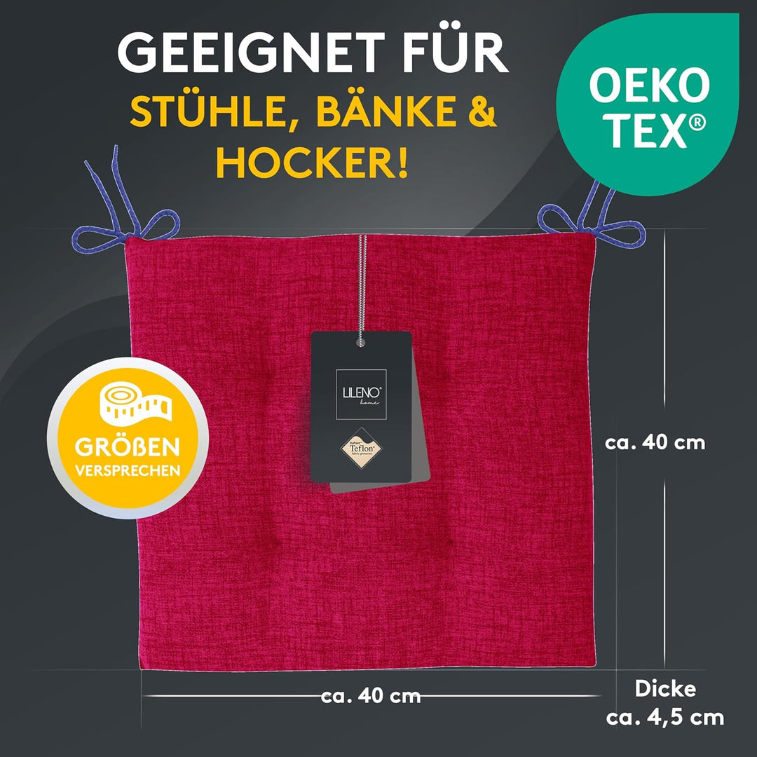 LILENO HOME 2er Set Stuhlkissen Bordeaux (40x40x4,5 cm) - Sitzkissen für Gartenstuhl, Küche oder Ess