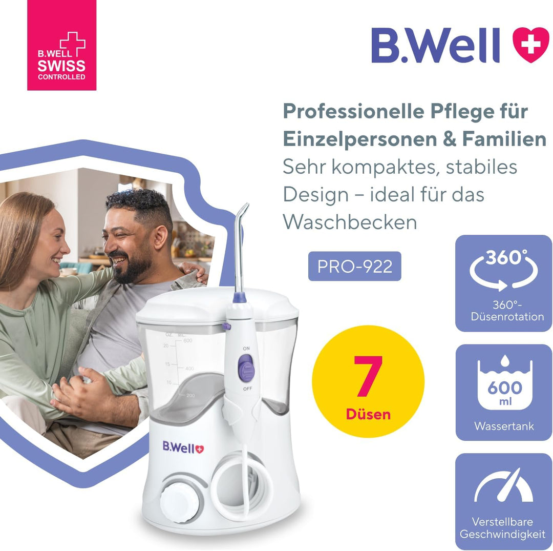 B.Well Swiss PRO-922 Stationäre Munddusche, Standgerät mit 10 Bedienmodi, 7 Düsen mit 360°-Rotation,