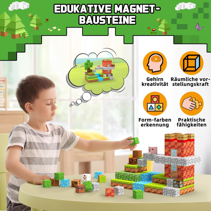Magnetische Bausteine Blöcke 150 Stück 2 cm, Magnetic Building Blocks mit Windmühle Tiere, Magnet Ba