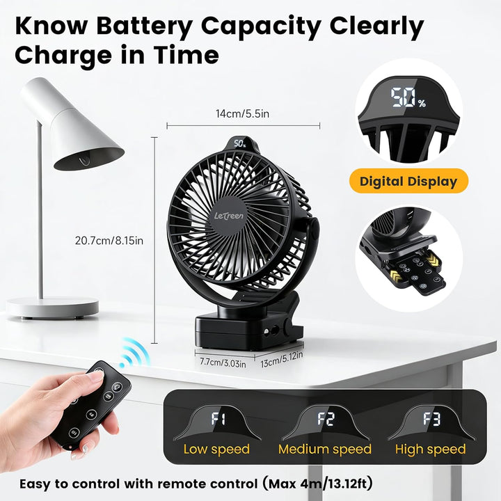Camping Ventilator 15000mAh, Mini USB Ventilator Leise mit LED Licht & Anzeige, 360° Drehung Wiedera