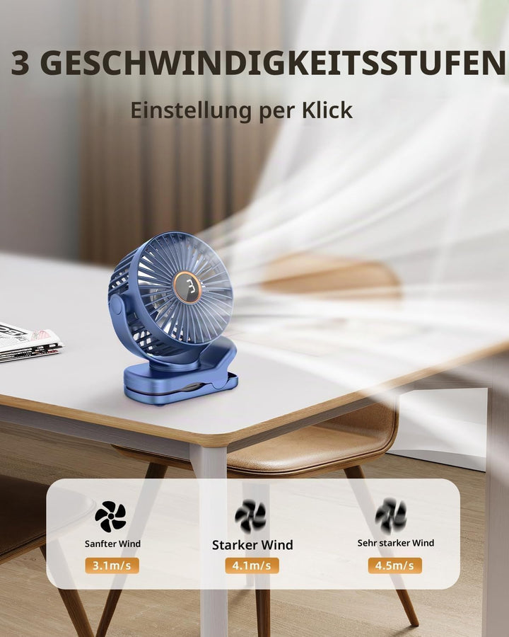 TUNISE USB Ventilator mit Clip, Mini Ventilator 3 Stufen 4,5 m/s, 2000mAh Akku 9,5Std Laufzeit, Tisc
