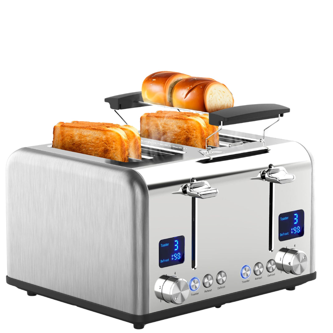 Toaster Langschlitz | Digitales Display mit Countdown | Beleuchtete Tasten | 4 Scheiben Toastautomat