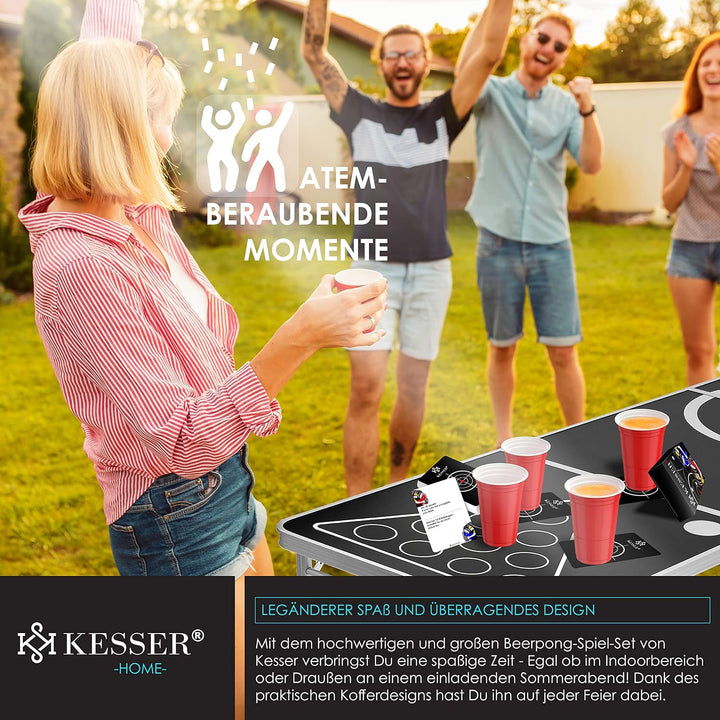 KESSER® Bier Pong Tisch Set mit Kartenspiel Trinkspiel - inkl. 100 Becher (50 Rot & 50 Blau), 6 Bäll