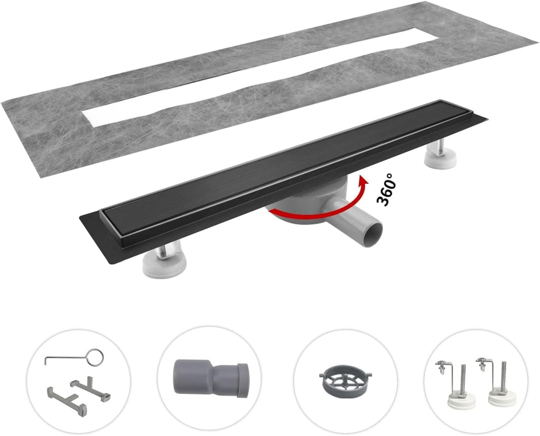 Duschrinne 30 cm, Schwarz Befliesbar Duschrinne extra flach, Edelstahl Bodenablauf Komplettset mit 3