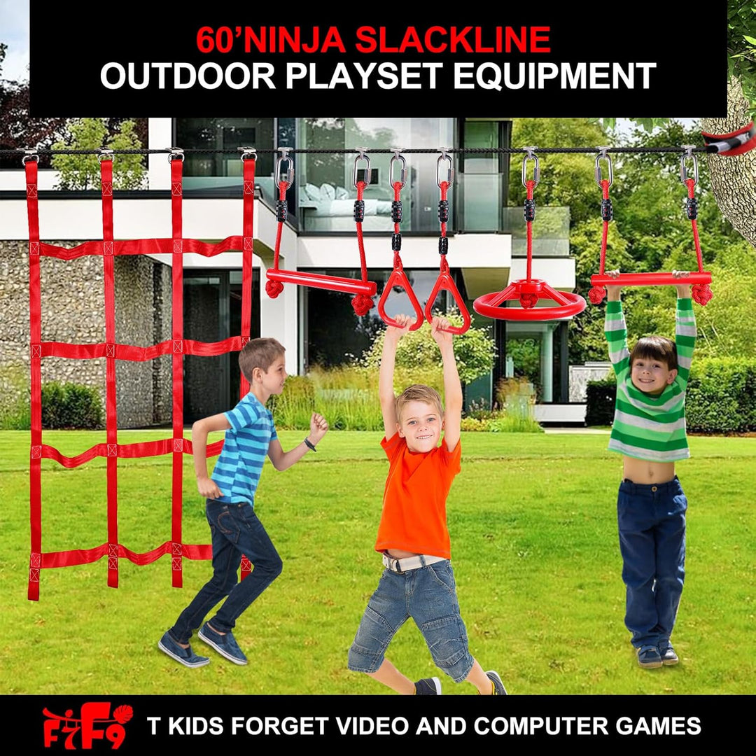 18 Meter Langer Ninja-Warrior-Hindernisparcours für Kinder – Slackine-Spielset mit Kletterstangen, T