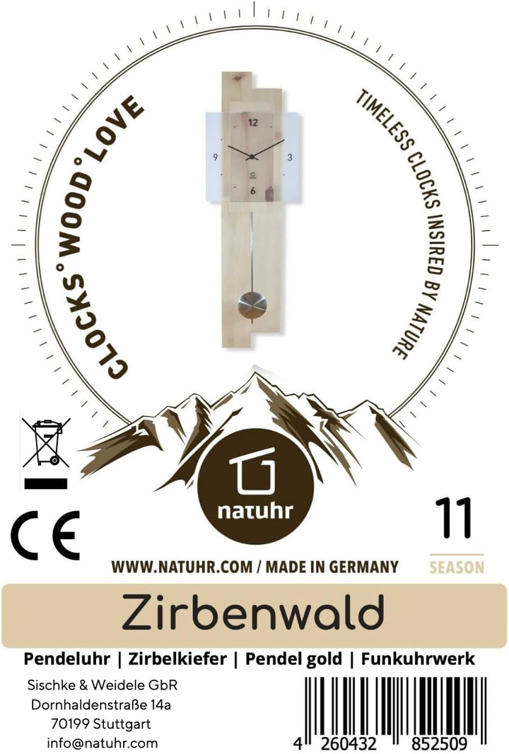Natuhr Pendeluhr Holz Zirbenwald geräuscharm Massivholz Zirbe Mineralglas U.T.S. Uhrwerk Made in Ger