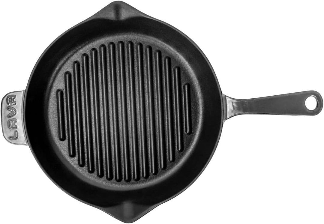LAVA Serie Premium - Gusseisen Grillpfanne, rund, 28 cm, mit Einscheibengriff, Emaille, Majolic Grau