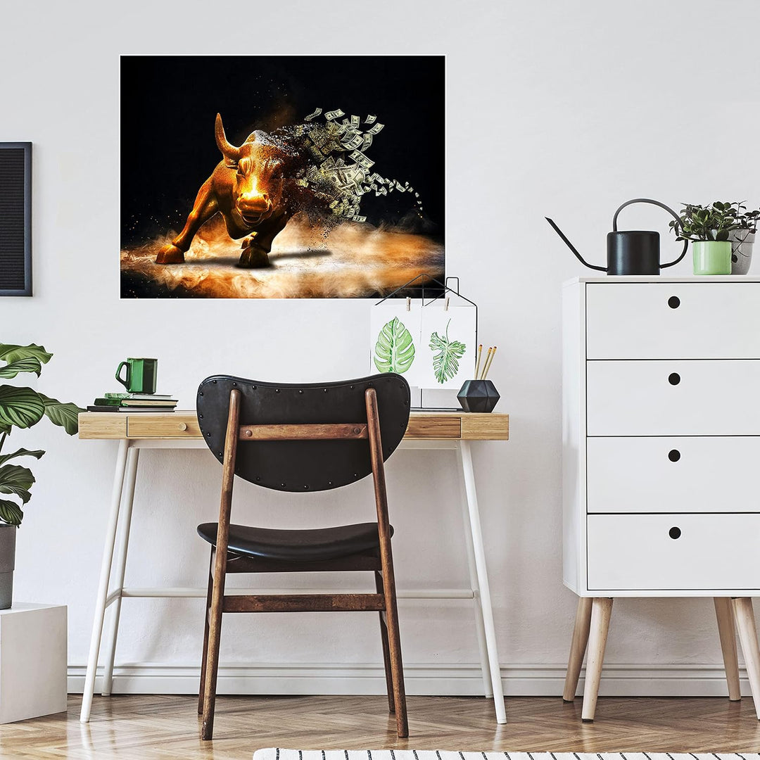 wandmotiv24 Poster als Wanddeko, Grösse 80x60cm, Goldener Stier, Dollar, Geldscheine, Geld, Tier, Mo