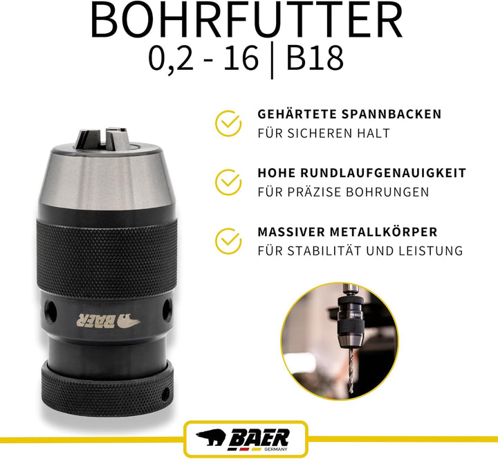 BAER Bohrfutter mit Kegeldornaufnahme 0,5-16 mm, Kegel: B 18 - Präzision-Bohrfutter - Schnellspannbo