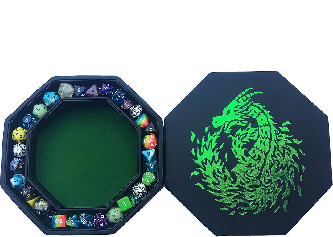 Fantasydice Green Fire Dragon Dice Tray with Wizard Book Print – 23CM Octagon with Dice Staging Area