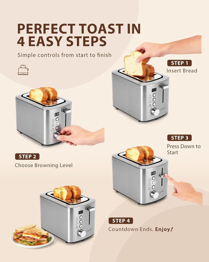 Edelstahl 2 Scheiben Toaster mit LED-Countdown & Brötchenaufsatz, extra breite 3,5 cm Schlitze für T