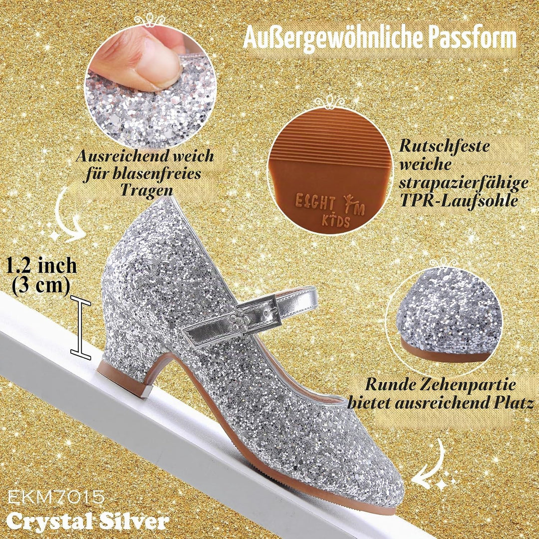 EIGHT KM - Mädchen High Heel Kleid Schuhe - Mary Jane Prinzessin Hochzeit Pumps - Funkelnder Glitzer