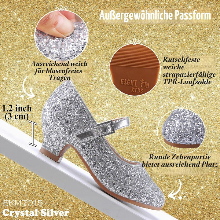 EIGHT KM - Mädchen High Heel Kleid Schuhe - Mary Jane Prinzessin Hochzeit Pumps - Funkelnder Glitzer
