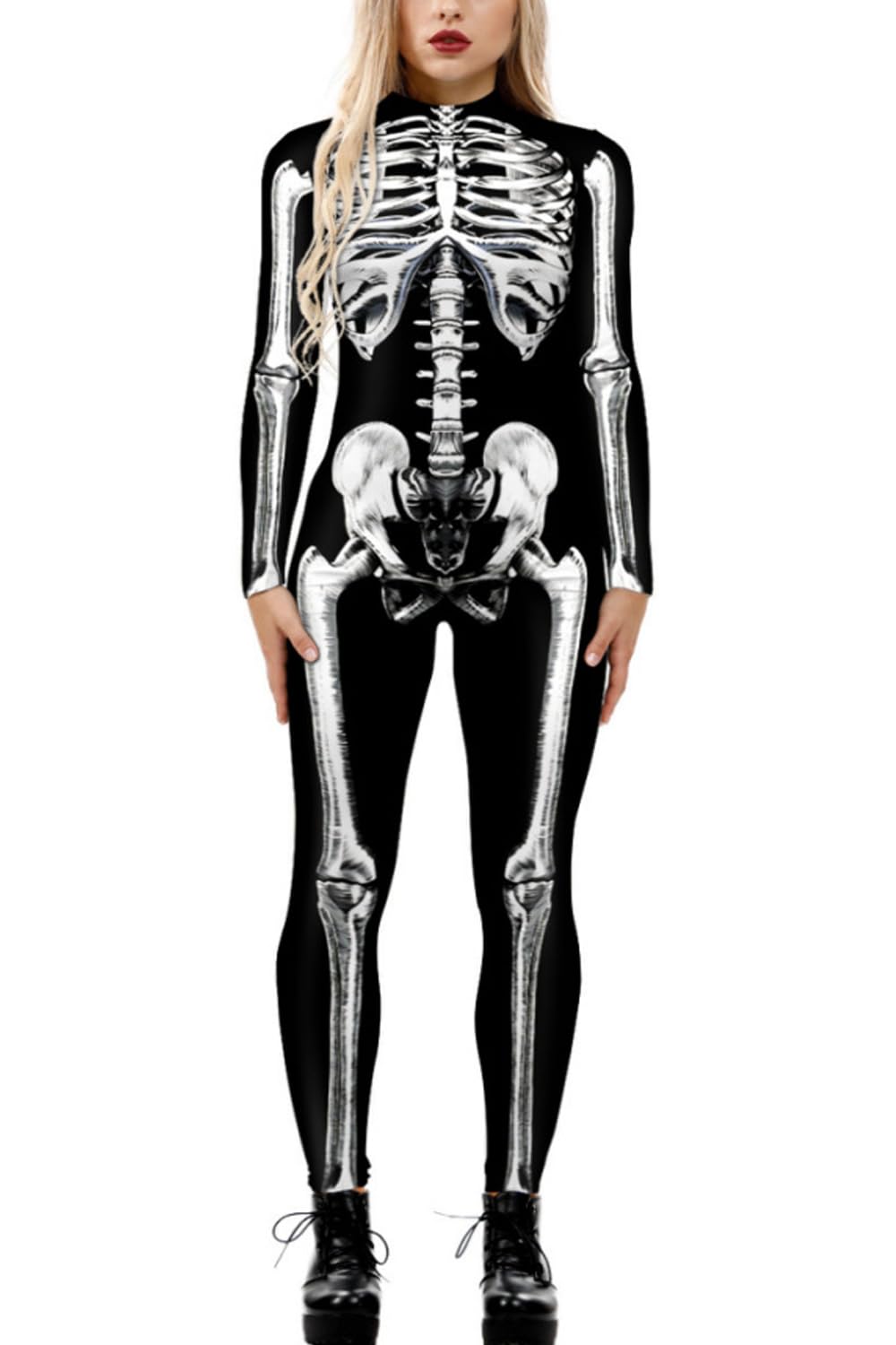 Shmily Girl Skelett Kostüm Damen Herren Halloween Kostüme Cosplay Overall Bodysuit Schwarz Weiss L,