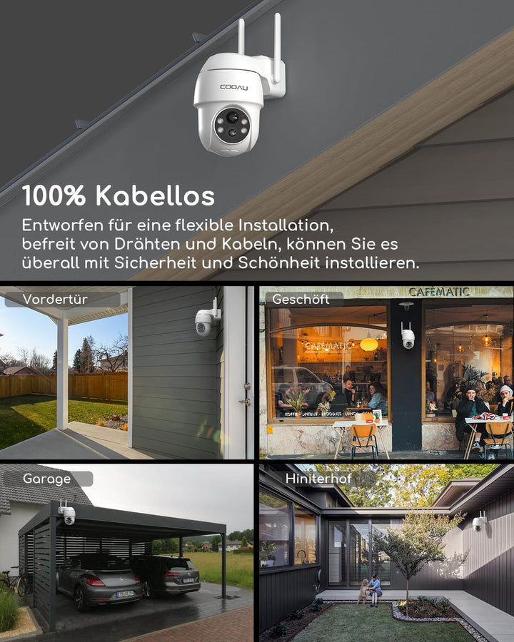 COOAU 2K Überwachungskamera Aussen Akku , 355°/90° Schwenkbar, Kabellose WLAN IP Kamera Outdoor mit