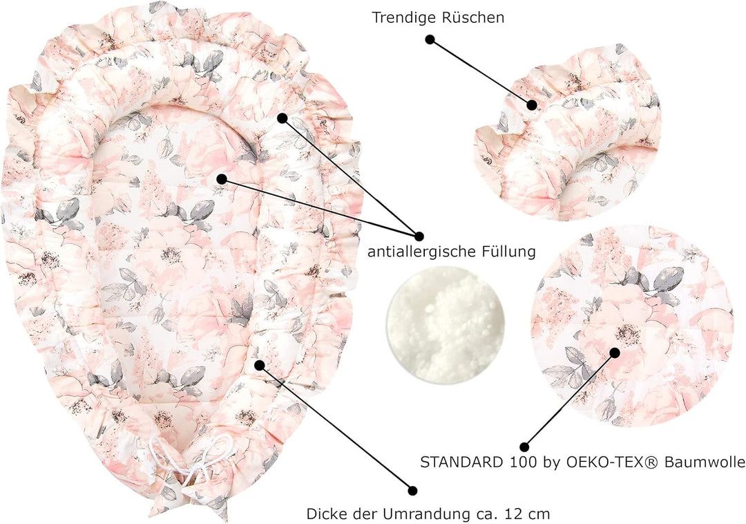 PIMKO Babynest mit rüschen Babynestchen für Baby Kuschelnest Babykokon für Säuglinge und Neugeborene