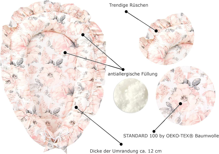 PIMKO Babynest mit rüschen Babynestchen für Baby Kuschelnest Babykokon für Säuglinge und Neugeborene