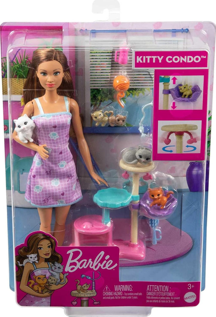 Barbie HHB70 - Kätzchen Kratzbaum-Spielset mit Puppe (brünette Haare) und 5 Katzen, inklusive Pflege