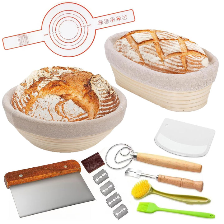 Gärkorb Set, Gärkörbchen mit Silikon Backmatte, 23cm Runde und 25cm Ovale Gähr Körbchen, Brotkörbche