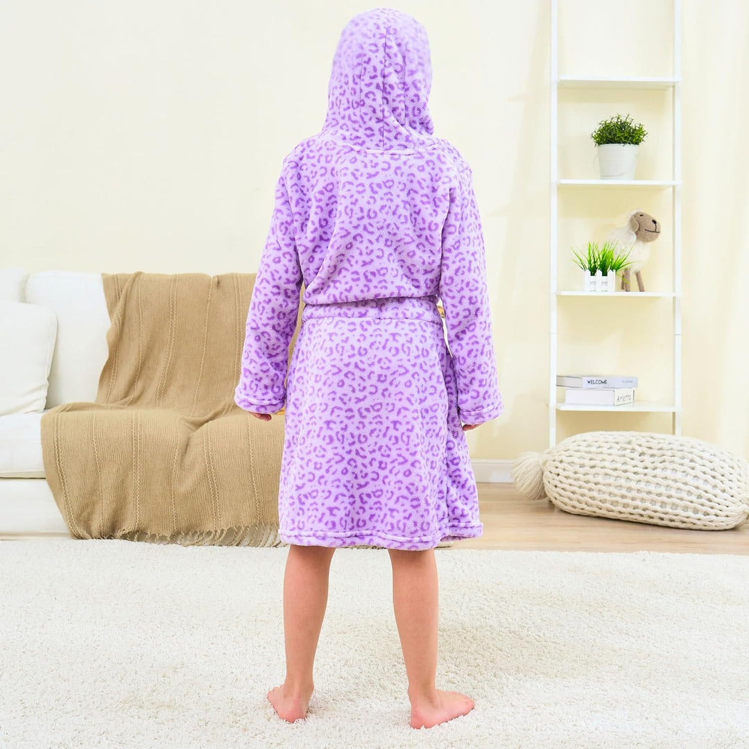 Weicher Bademantel mit Kapuze für Mädchen Fleece Morgenmantel Nachtwäsche Kinder 5-6 Jahre Lila Leop