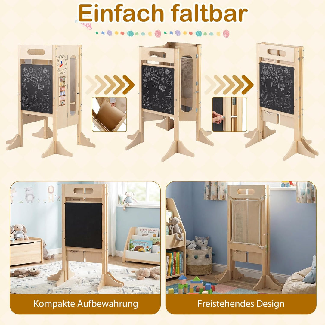 COSTWAY 4 in 1 Lernturm klappbar, Tritthocker aus Holz mit 2-Stufen Hocker, Tafel & abnehmbarem Sich