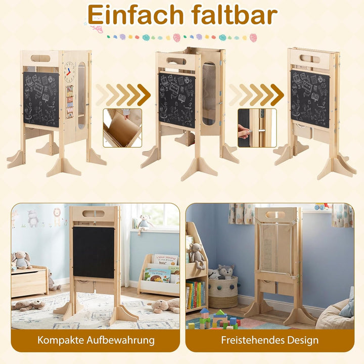 COSTWAY 4 in 1 Lernturm klappbar, Tritthocker aus Holz mit 2-Stufen Hocker, Tafel & abnehmbarem Sich