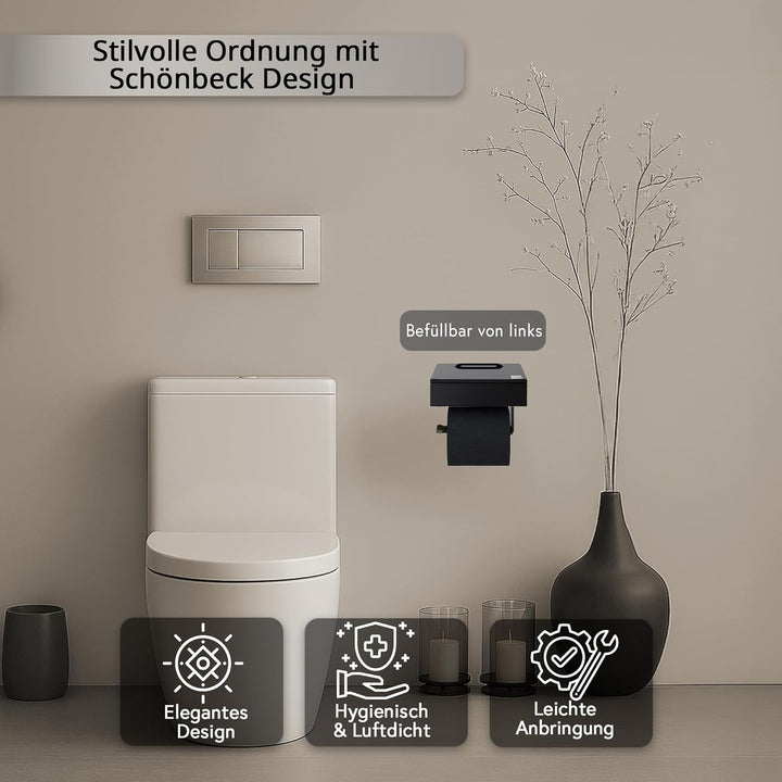 Toilettenpapierhalter mit Feuchttücherbox - Gehäuse Schwarz & Abdeckung Glas Schwarz - befüllbar von