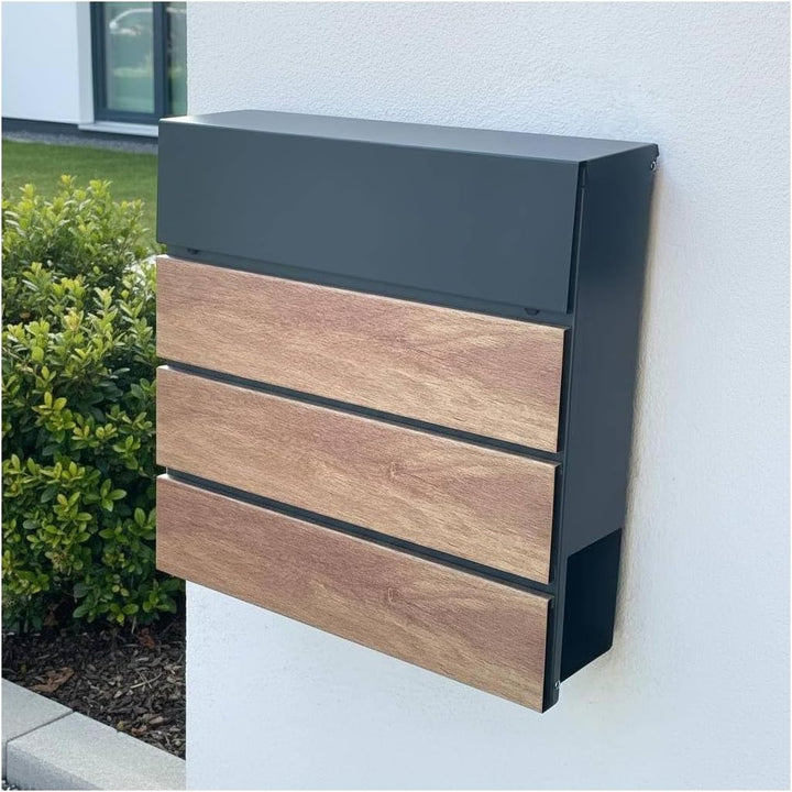 Metzler moderner Briefkasten in Anthrazit und Holzoptik, Wandbriefkasten mit Zeitungsfach, Postkaste