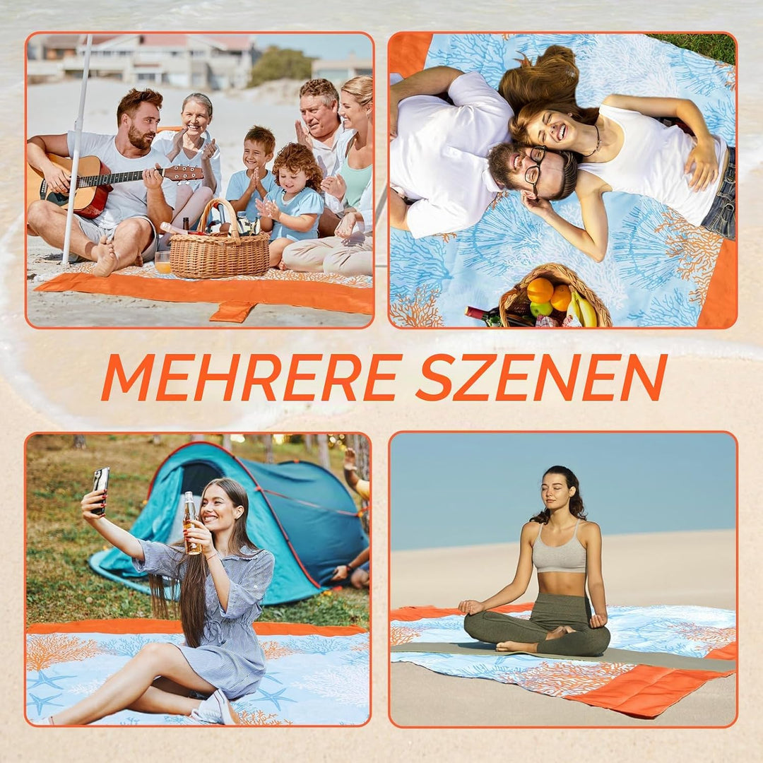 NewDoar 200 x 210 cm Stranddecke Sanddicht Extra Grosse Strandmatte mit 2 Taschen Picknickdecke wass