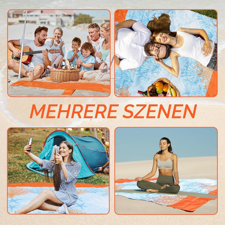 NewDoar 200 x 210 cm Stranddecke Sanddicht Extra Grosse Strandmatte mit 2 Taschen Picknickdecke wass