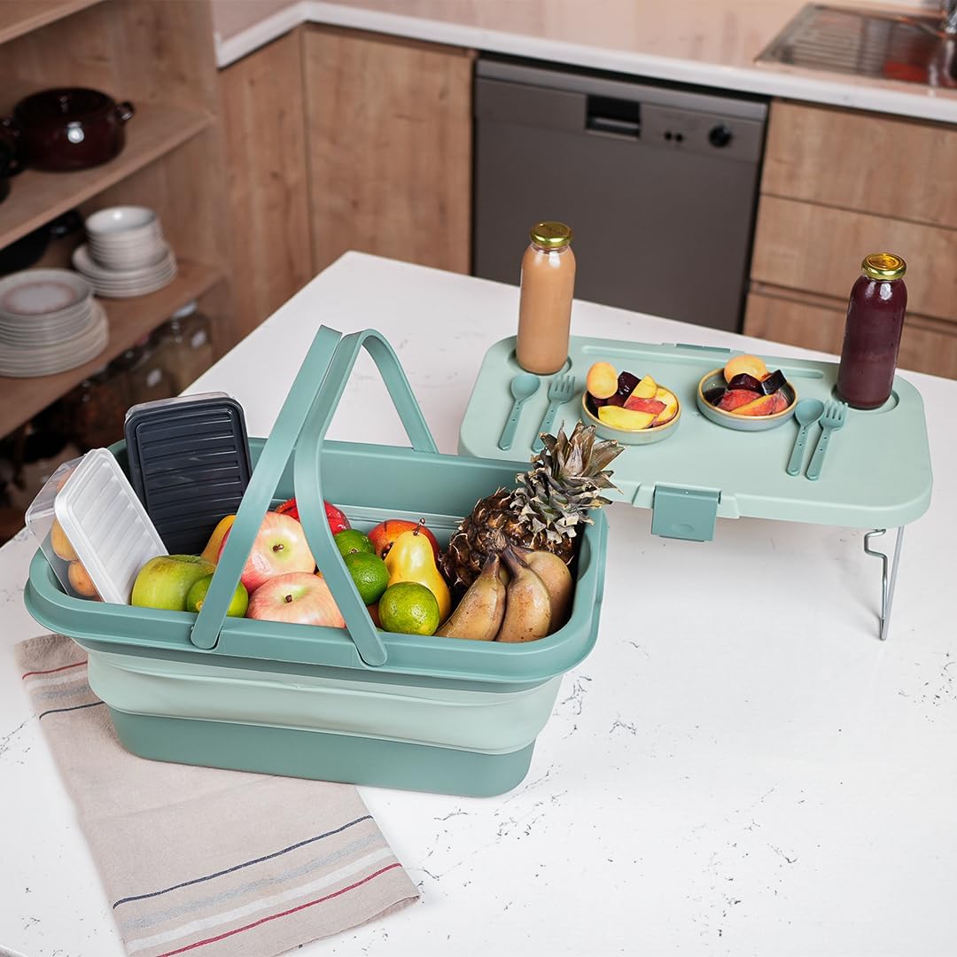 Turtle Klappbarer Picknickkorb mit Tisch, 17 Liter, Integriertes Besteck, Vielseitig und Praktisch f
