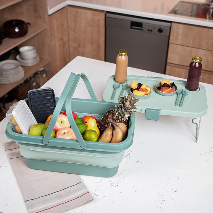 Turtle Klappbarer Picknickkorb mit Tisch, 17 Liter, Integriertes Besteck, Vielseitig und Praktisch f