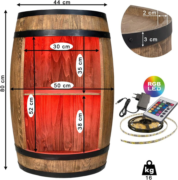 weeco Weinfass als Weinregal - Weinschrank Barschrank LED-Leuchten, Bar Tisch aus Holzfass, Wein Rac