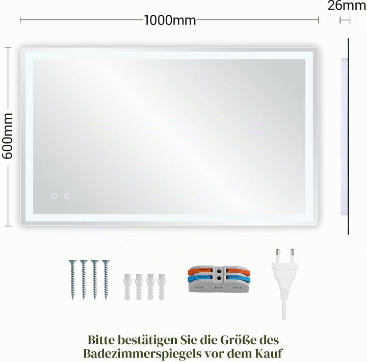 Clevich Badspiegel mit Beleuchtung 100×60 cm, LED Spiegel mit 3 Lichtfarben und dimmbar, Touch-Schal