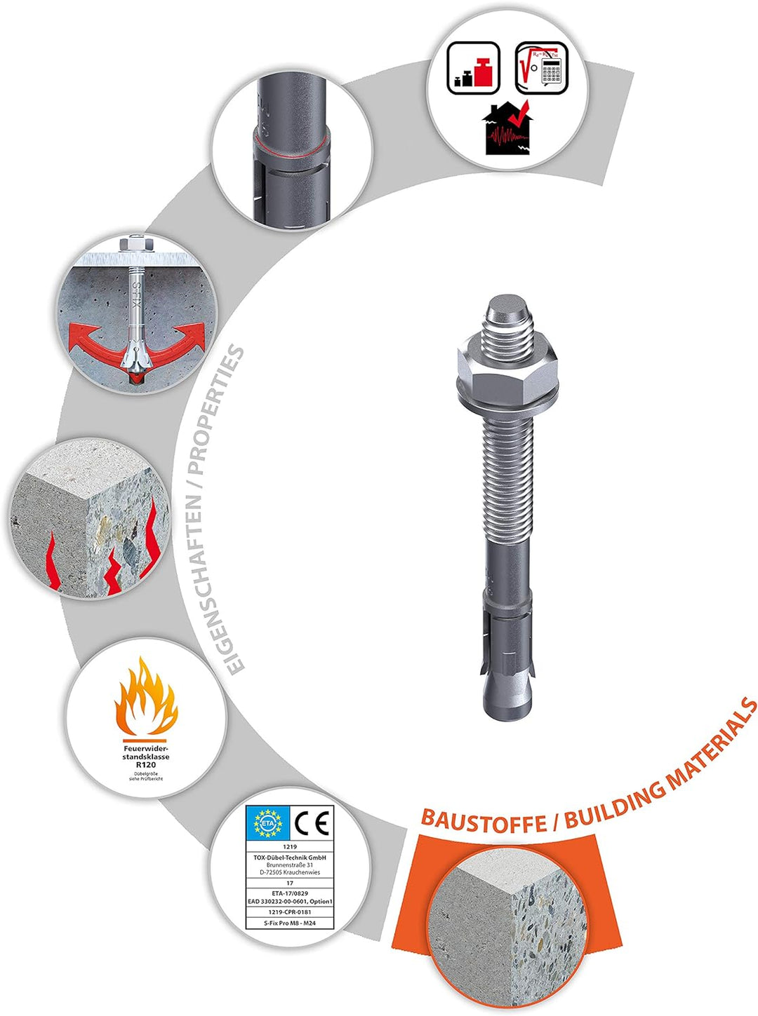 TOX Bolzenanker S-Fix Pro M16 x 175/58 mm 10 Stück 04010237 verzinkt M16 x 175/58 mm Für gerissenen
